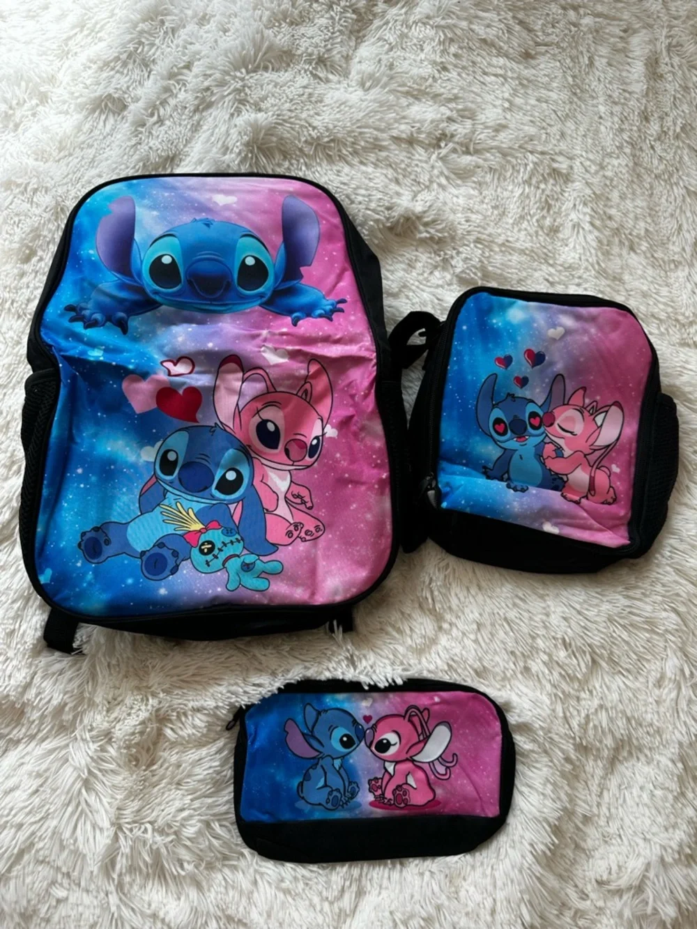 Disney Stitch & Angel 3 Piece Backpack Lunch Bag Pencil Case Set Blue Pink New